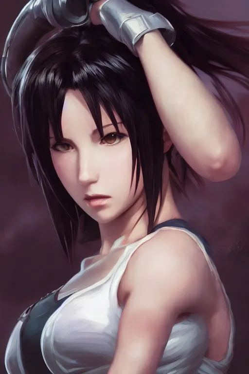 Image similar to beautiful, tifa style, final fantsy, digital painting, portrait , cinematic lighting, highly detailed, artstation, concept art, illustration, smooth, sharp focus, editor's pickup, trending on artstation, trending on deviantart, alphonse mucha, WLOP