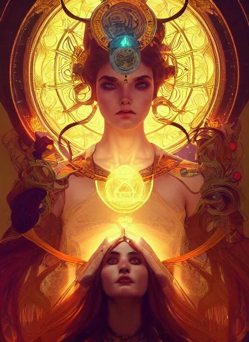 Image similar to Divine cosmic female power, glyphs, magic, artstation, high contrast, dramatic lighting, cgsociety, very detailed, intricate, detailed illustration, by artgerm and greg rutkowski and alphonse mucha, octane render, unreal engine, hyperrealism