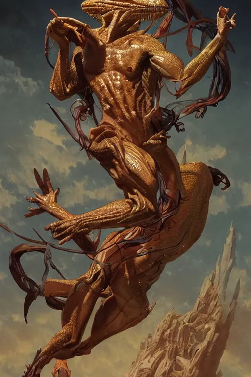 Prompt: fullbody!! dynamic action pose, jesus christ portrayed as a lizard reptile man, lizard head, holy cross, religious, intricate, elegant, highly detailed, digital painting, artstation, concept art, smooth, sharp focus, illustration, art by artgerm and greg rutkowski and alphonse mucha