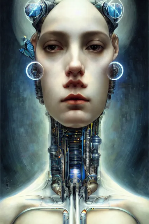 Image similar to full - bodied and portrait futurist cyborg empress, perfect future, award winning art by santiago caruso, iridescent color palette, symmetric face, by wlop and karol bak and bouguereau and viktoria gavrilenko