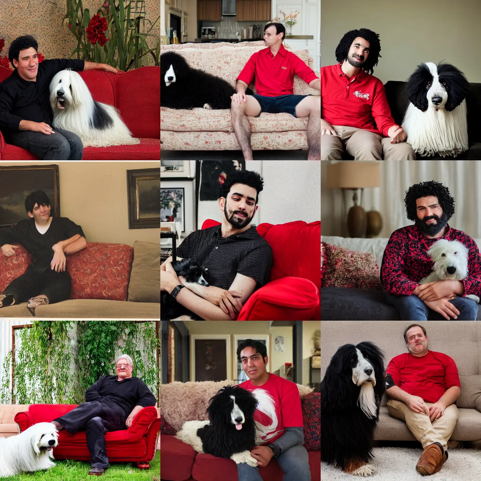 Prompt: A man with black hair in a red shirt sitting on a floral couch next to an old English Sheepdog bobtail