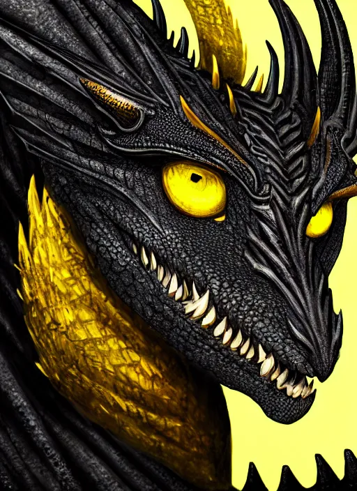 Image similar to closeup portrait of black dragon head with yellow eyes, ultra realistic, fantasy, magic, dnd,