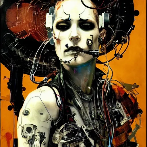 Image similar to a female cyberpunk noir detective, skulls, wires cybernetic implants, machine noir grimcore, in the style of adrian ghenie esao andrews jenny saville surrealism dark art by james jean takato yamamoto and by ashley wood and mike mignola