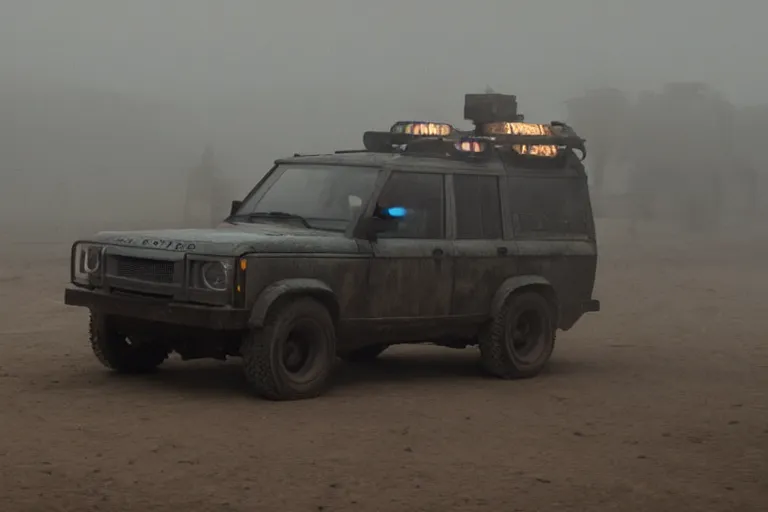 Image similar to A cinematic film still of a Land Rover in the movie Blade Runner: 2049.