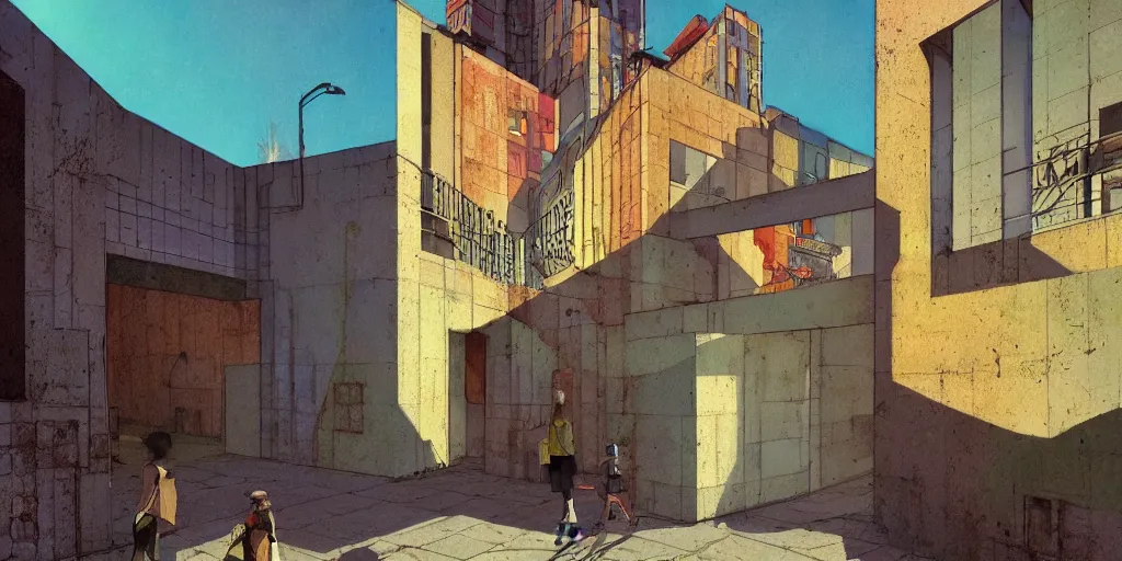 Image similar to neo brutralism, concrete housing, an archway, pathways, stairs, concept art, colorful, vivid colors, sunshine, light, shadows, reflections, oilpainting, cinematic, 3D, in the style of Akihiko Yoshida and Edward Hopper