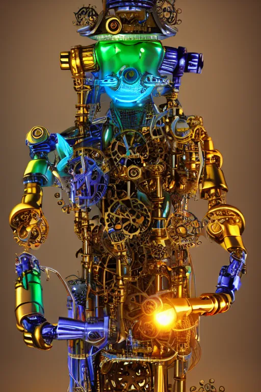 Prompt: photo of a smiling golden and blue metal steampunk robotbust covered with multicolored tubes and gears, eyes are glowing green lightbulbs, arms are music instruments, shiny crisp finish, 3 d render, 8 k, insaneley detailed, fluorescent colors