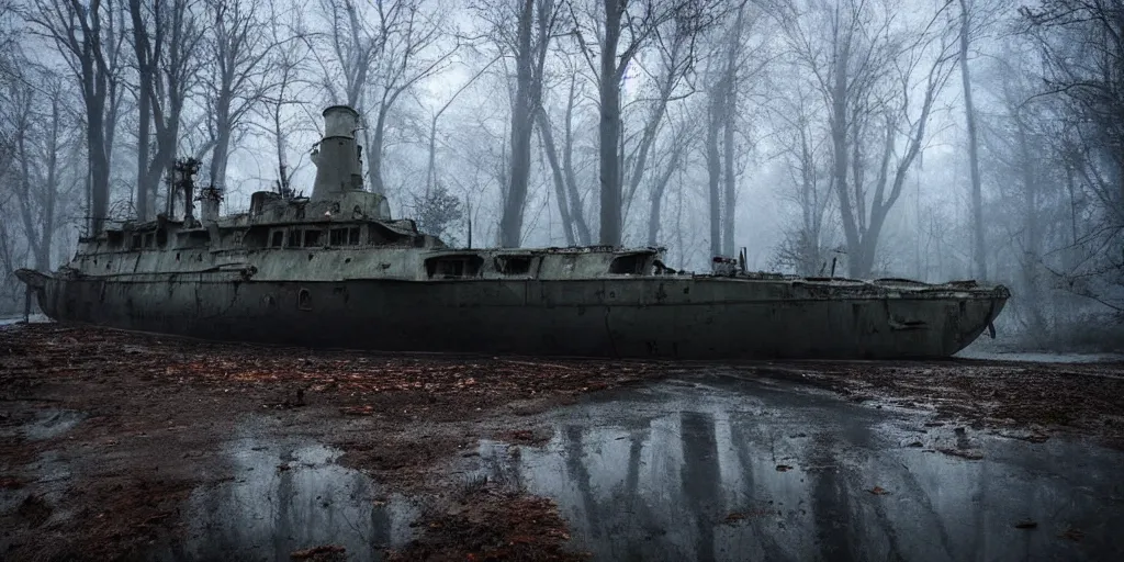 Prompt: abandoned soviet warship in the woods, around everlasting darkness, puddles of water, atmospheric, wide shot, high definition, high detail, foreboding, artstation, foggy