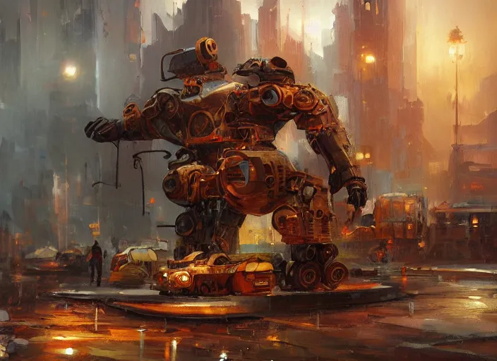 Prompt: enviroment design, a man made out of broken machine parts, warm colors, cinematic dramatic atmosphere, oil painting by jama jurabaev, extremely detailed, brush hard, artstation, for aaa game, high quality, brush stroke