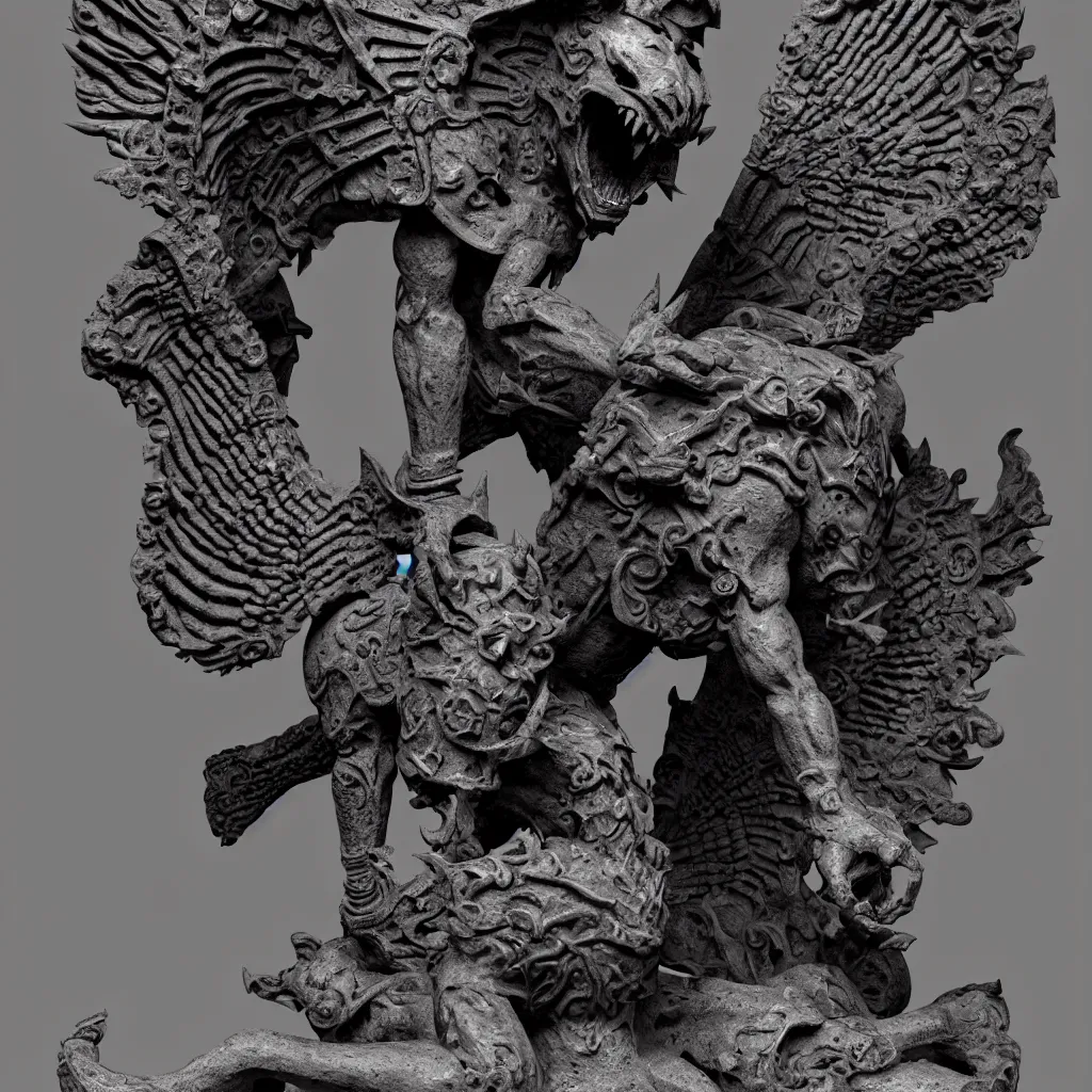 Prompt: Infernal monster statue in crouching pose with bat wings carved in stone, Mayan deity, organic shapes, symetrical, realistic, octane render, on pedestal, in a baroque museum exhibit, highly detailed, 8K matte, rendered in octane, dark cathedral environment highly detailed, by Emil Melmoth and Druillet