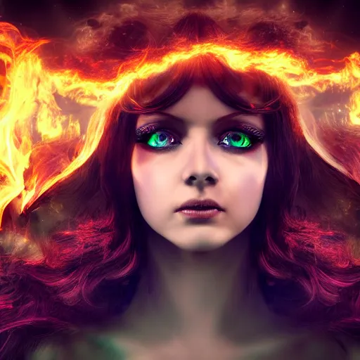 Image similar to 4k UHD photorealistic render beautiful sorceress with pale green eyes and fiery red hair summoning a demonic nightmare