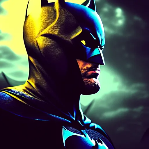 Image similar to stalon's dream as batman, cinematic lighting, centered, symmetrical, highly detailed, digital painting, concept art, smooth, clear focus, illustration, volumetric lighting, epic composition, 8 k,