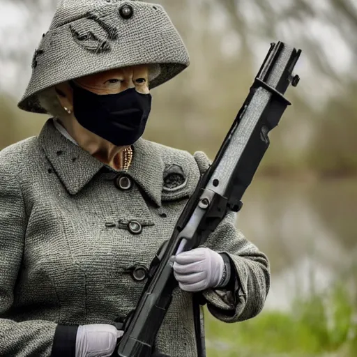 Image similar to cinematic shot of Queen Elizabeth II wearing combat armor and holding a rifle in a swamp, 8k, very detailed, very intricate, depth of field,