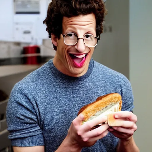 Image similar to andy samberg eating a sandwich