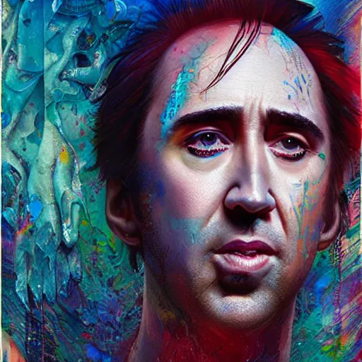 Image similar to beautiful portrait of Nic Cage by Tristan Eaton and Stanley Artgerm and Tom Bagshaw, Greg Rutkowski Carne_Griffiths