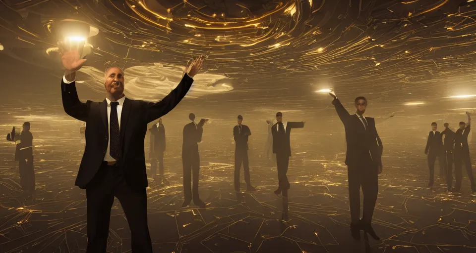 Image similar to Dramatic photo of a CEO waving to a large group of his coworkers in a futuristic office. Golden coins are levitating all around them. 8k, high detail, trending on Artstation, volumetric lighting, cyberpunk