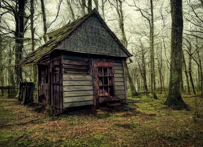 Prompt: a creepy wooden shack in the middle of a forest, dark, shadows, moss, rotting wood, cinimatic, scary
