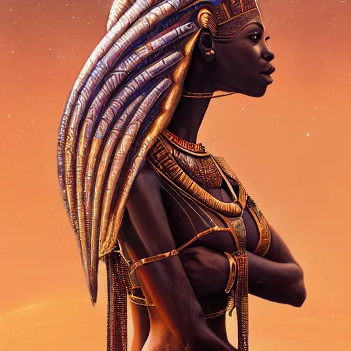 Image similar to highly detailed portrait of an african egyptian goddess, intricate alien technology, stephen bliss, unreal engine, fantasy art by greg rutkowski, loish, rhads, ferdinand knab, makoto shinkai and lois van baarle, ilya kuvshinov, rossdraws, tom bagshaw, global illumination, radiant light, detailed and intricate environment