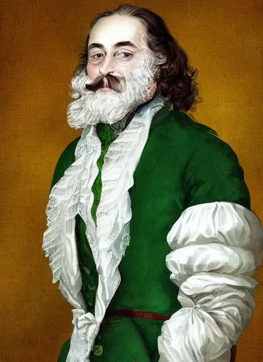 Prompt: a french baron at 5 0 years old, long hair, wear an elegant mustach, white scarf, green shirt, by artgem, digital art, highly detailled