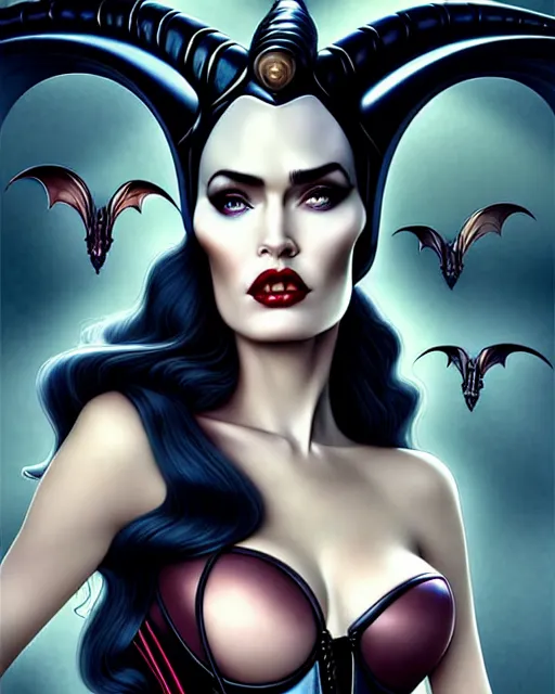 Prompt: new art nouveau portrait of fantasy succubus maleficent megan fox wearing a latex corset, anna dittmann, moebius, wlop, artgerm, patrick nagle, charlie bowater and loish. long windblown hair, very large, clear, expressive, and intelligent eyes, ultrasharp focus, dramatic lighting, photorealistic digital matte painting, intricate.