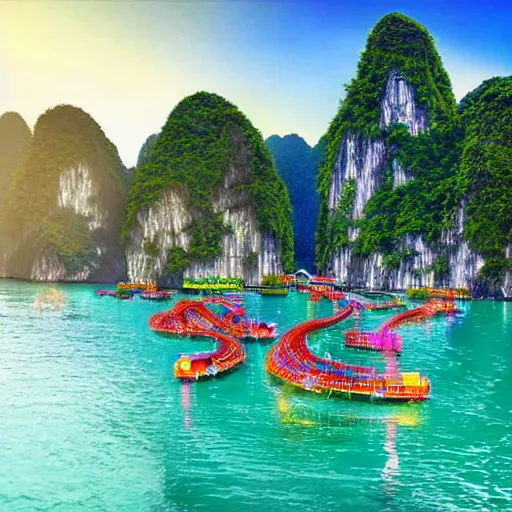 Prompt: halong bay vietnam waterpark with waterslides, digital art, cinematic lighting, epic composition, highly detailed