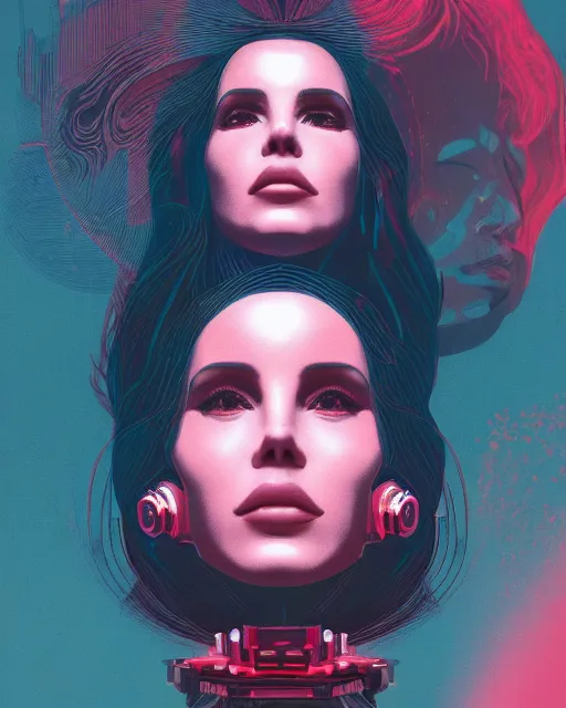 Prompt: portrait of Lana Del Rey as a cyborg. intricate abstract. intricate artwork. by Tooth Wu, wlop, beeple, dan mumford. cyberpunk stepford wife, mulholland drive by david lynch, dune by david lynch, blade runner 2049 by dennis villeneuve, sacred geometry, octane render, trending on artstation, greg rutkowski very coherent symmetrical artwork. cinematic, hyper realism, high detail, octane render, 8k, iridescent accents