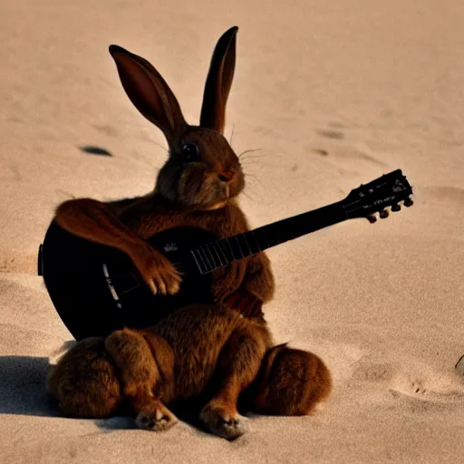 Image similar to a rabbit playing a guitar sitting on a beach in Sweden