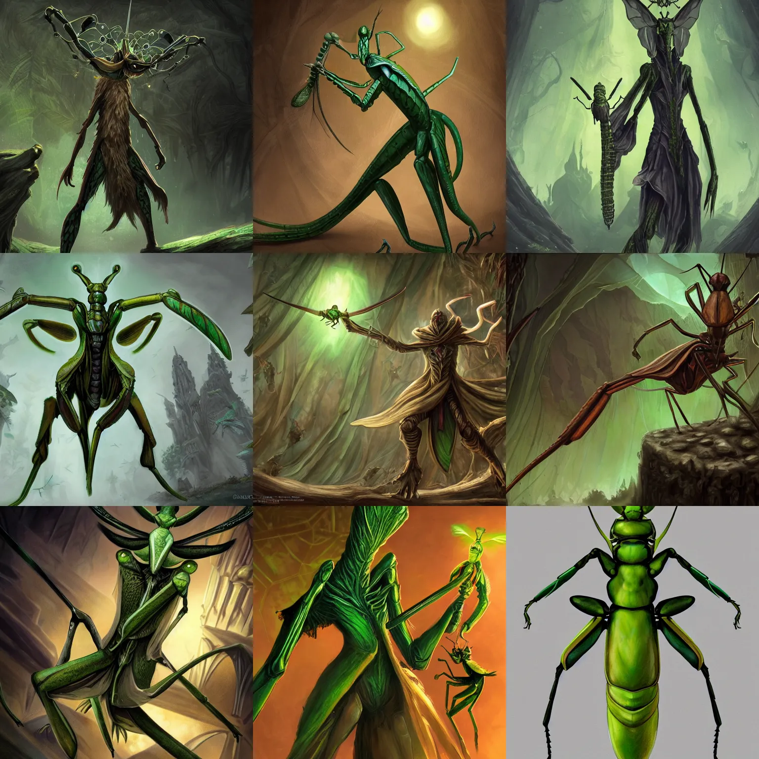 Prompt: full shot of green human - sized mantis religiosa as a d & d rogue holding an enchanted dagger ; 6 legs ; hestiastula head with antennae ; mantid features ; medieval ; elegant ; mtg design ; fantasy drawing ; illustration ; artstation ; 8 k ; wallpapers ; heavy contrast ; cinematic art ; cgsociety ; art by alexander jansson and greg rutkowski