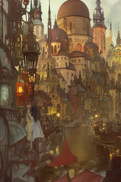 Image similar to a large bell jar covering a tiny model of a city resembling prague, paris, and venice. intricate, elegant, highly detailed, digital painting, artstation, concept art, smooth, sharp focus, colored illustration for tattoo, art by krenz cushart and artem demura and alphonse mucha,