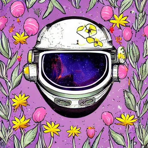 Prompt: artstation realistic illustration astronaut's helmet with field of flowers in space