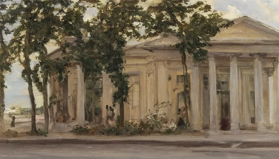 Image similar to artwork painting of the storefront building by eugene von guerard, ivan shishkin, john singer sargent