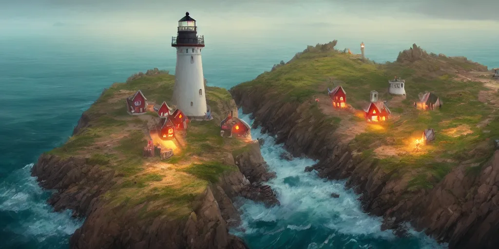 Image similar to Very small fantasy village on a cape with a lighthouse, fishing boats, view from above. In style of Greg Rutkowski, Jesper Ejsing, Makoto Shinkai, trending on ArtStation, fantasy, great composition, concept art, highly detailed, scenery, 8K, Behance.