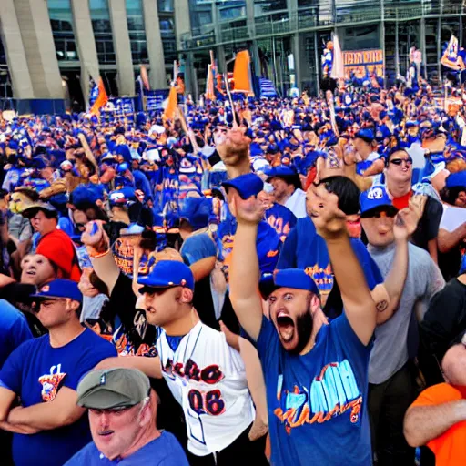 Prompt: photo for NYTimes Story - Hundreds of ny mets fans protest outside stadium as beer prices double
