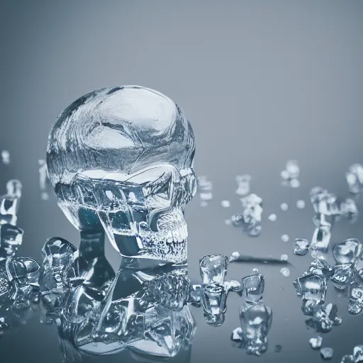 Prompt: high quality photo of crystal transparent skull,highly reflective, photography 4k, f1.8 anamorphic, bokeh, 4k, Canon, Nikon