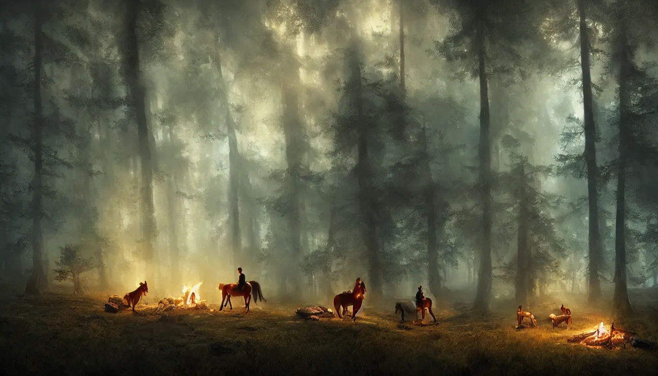 Prompt: a man and his horse camping by a small fire, in a mystical forest at night, intricate, elegant, volumetric lighting, digital painting, highly detailed, artstation, sharp focus, illustration, concept art, ruan jia, steve mccurry