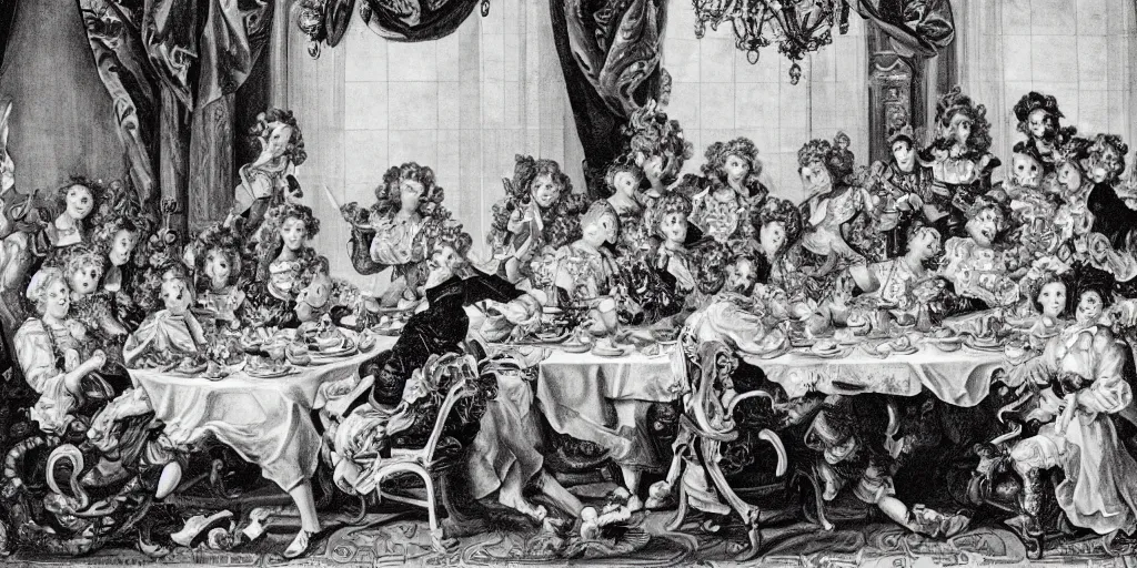 Prompt: rococo style drawing of designer get together to feast on a big table with lots of food and computers