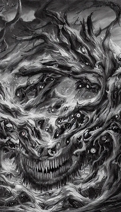 Image similar to a storm vortex made of many demonic eyes and teeth over a forest, by qian xuan