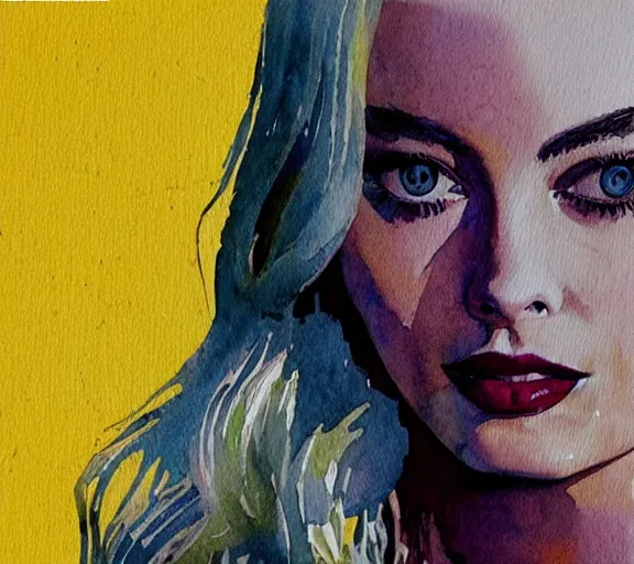Image similar to A watercolor painting of margot robbie, trending on artstation