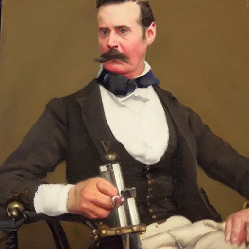 Image similar to Oil Painting portrait of a Victorian Gentleman with a Steampunk prosthetic