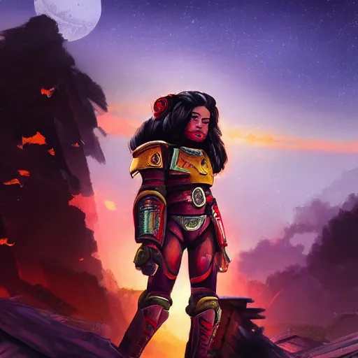 Image similar to beautiful space marine girl with long hair looking at an destructed village in a sunset, highly detailed, digital art, trending on artstation,