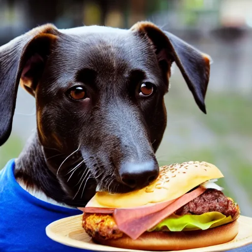 Prompt: dog eating burger, photo