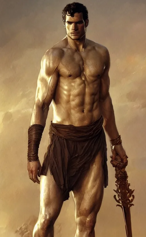 Image similar to Henry Cavill as a Greek god, gorgeous, amazing, muscular, intricate, highly detailed, digital painting, artstation, concept art, sharp focus, illustration, art by greg rutkowski and alphonse mucha