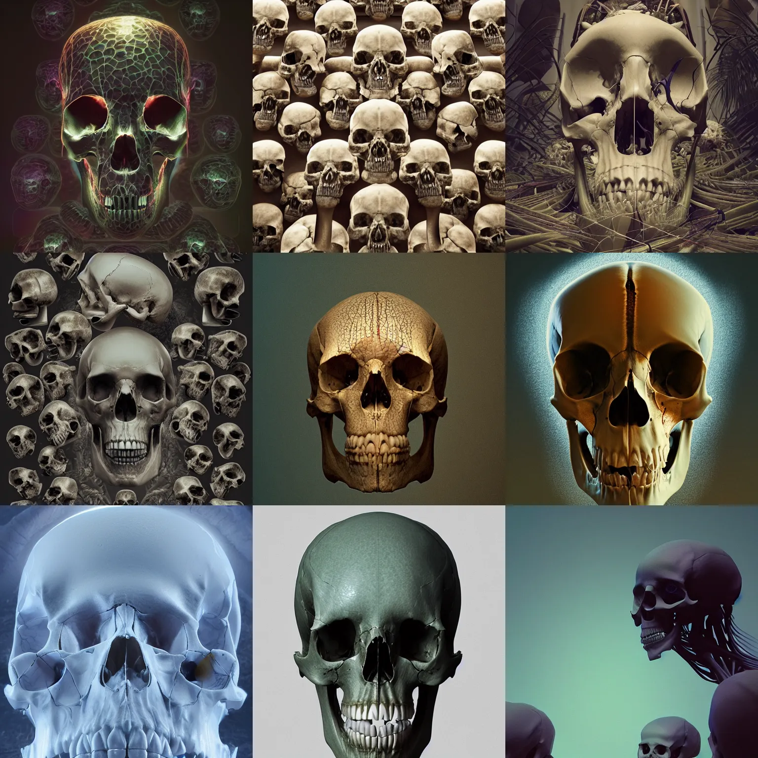 Image similar to composition of human skulls, animals skulls, bones, rib-cage and orchids, bioluminiscent, by Tooth Wu and wlop and beeple. octane render, trending on artstation, greg rutkowski very coherent symmetrical artwork. cinematic, hyper realism, high detail, octane render, 8k