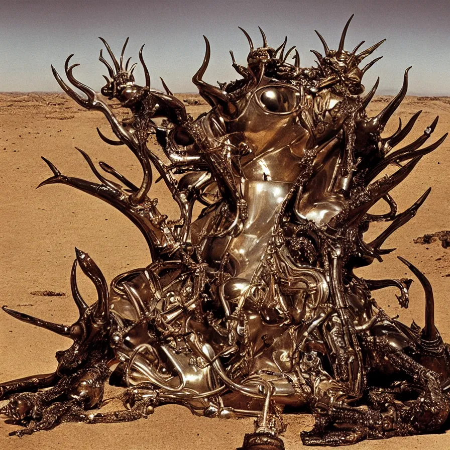 Image similar to salvador dali wearing a golden horned crown and jewels in a dry sand desert landscape, alien spaceship by giger in the landscape, film still from the movie by alejandro jodorowsky with cinematogrophy of christopher doyle and art direction by hans giger, anamorphic lens, kodakchrome, very detailed photo, 8 k