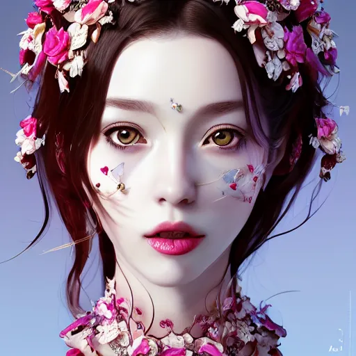 Prompt: the portrait of the absurdly beautiful, graceful, elegant, gorgeous, fashionable photorealistic anime european woman made of cherries and white petals with tears, an ultrafine hyperrealistic illustration by kim jung gi, irakli nadar, intricate linework, bright colors, octopath traveler, final fantasy, unreal engine highly rendered, global illumination, radiant light, intricate environment