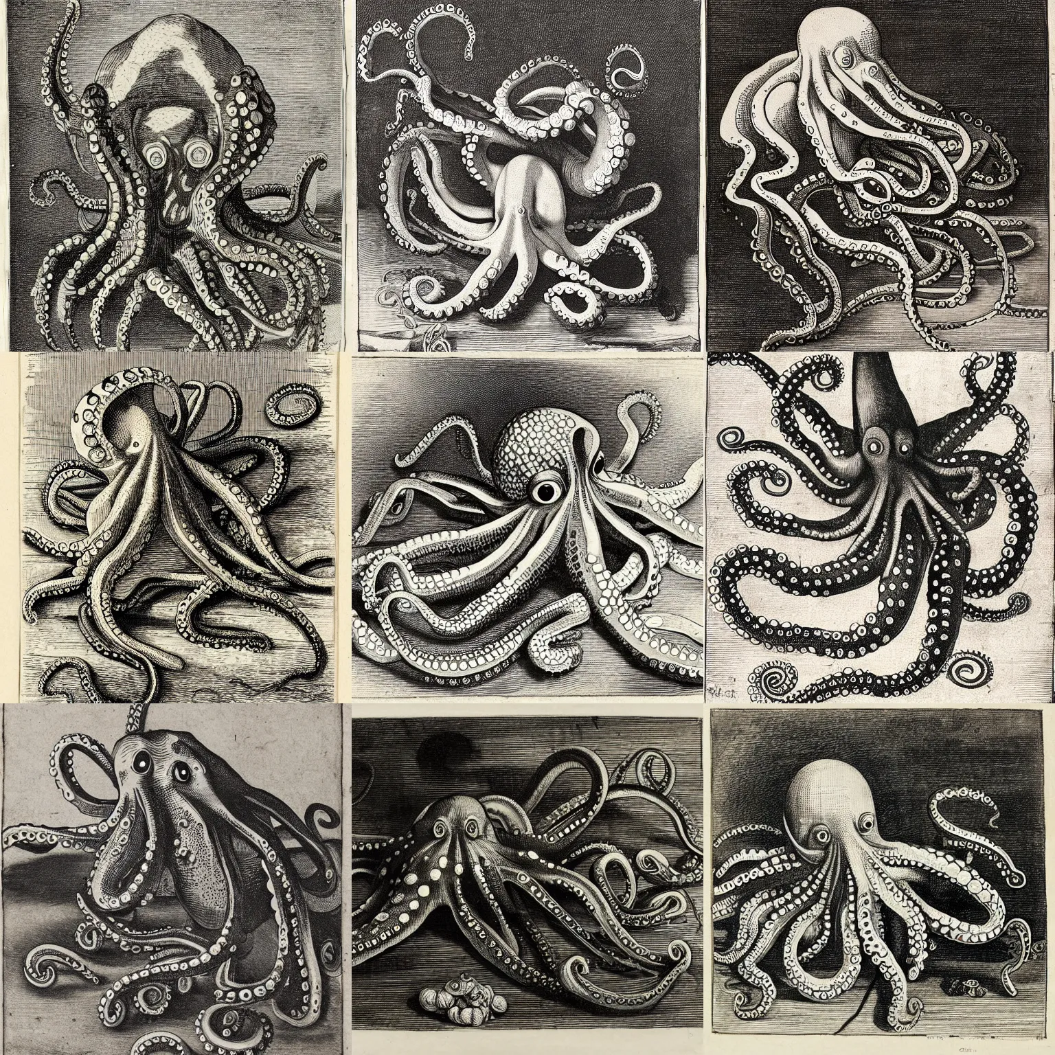 Prompt: “ an octopus lost in a garage, engraving, ink, black and white, 1 7 th century ”