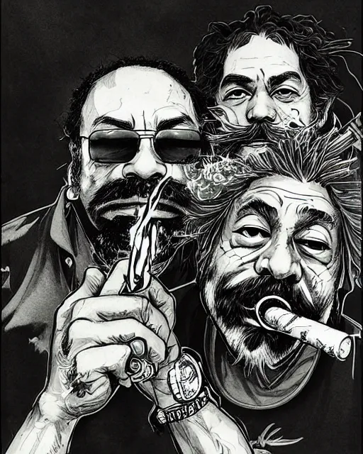 Image similar to portrait of cheech and chong smoking weed, concept art, sumi - e style, intricate linework, artstation, trending, highly detailed, smooth, focus, art by yoji shinkawa,
