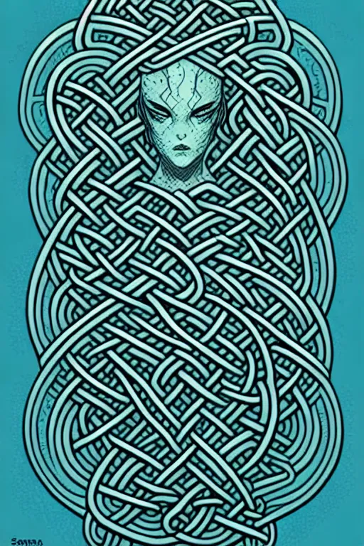 Image similar to comic cover art of a sea monster forming a celtic knot, by jenny frison and sana takeda, intricate details, stunning inking lines, flat colors, 4 k, hd, artstation
