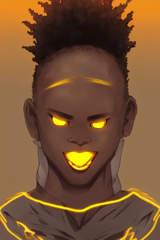 Image similar to glowing black male anime character, golden hair, yellow eyes, symmetrical, highly detailed, digital art, sharp focus, trending on art station, crazy hair, electricity superpowers, anime art style