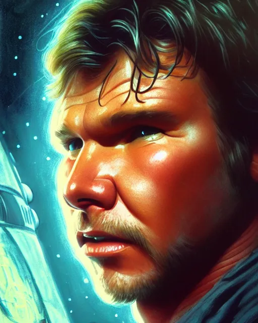 Prompt: portrait closeup harrison ford hybrid han solo standing in the cockpit of the millennium falcon, confident, jim lee, brian froud, strong line, deep color, action pose, trending on artstation, octane