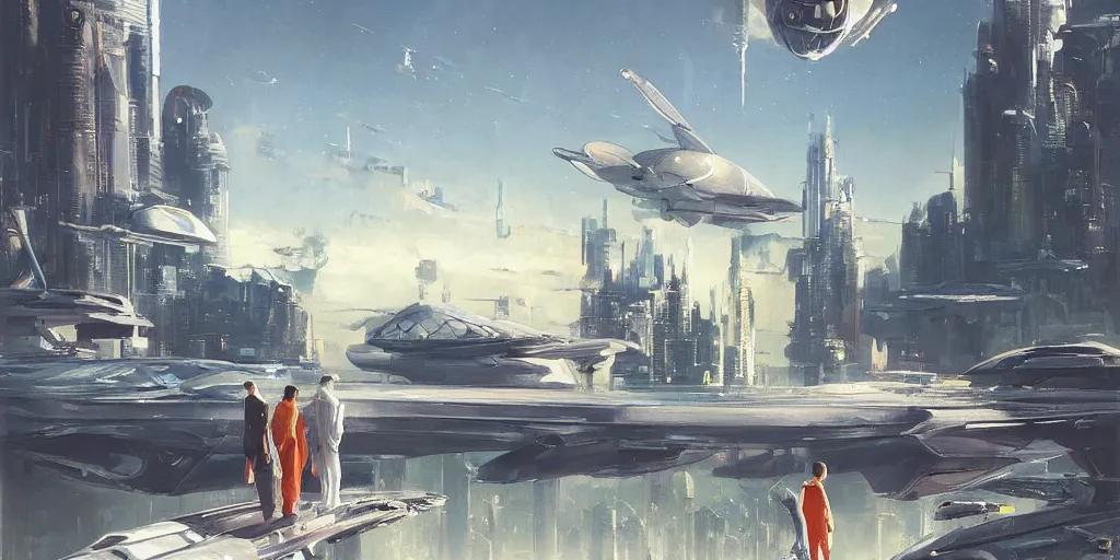 Prompt: gorgeous sci fi imagery | landing spot | space and city flying craft | futuristic | beautiful couple in the foreground heading to their hovering transport | futurism | modern couple | futuristic cityscape in the background | medium angle | by john berkey, greg rutkowski, james gurney